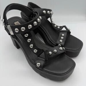 Steve Madden Sonia Black Studded Strap Chunky Open Toe Heel Whimsygoth Punk 9M